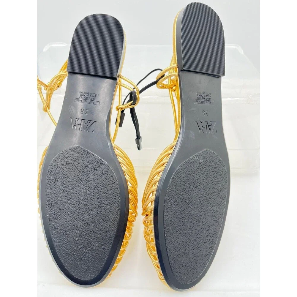 ZARA NWT Gold Strappy Flat Sandals Size 38 Metallic Cage Style Strappy - Picture 4 of 5